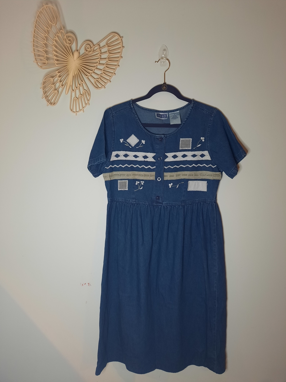 Vintage Erika & Co Denim Midi Dress Blue Patchwork Embroidery Cottagecore Small